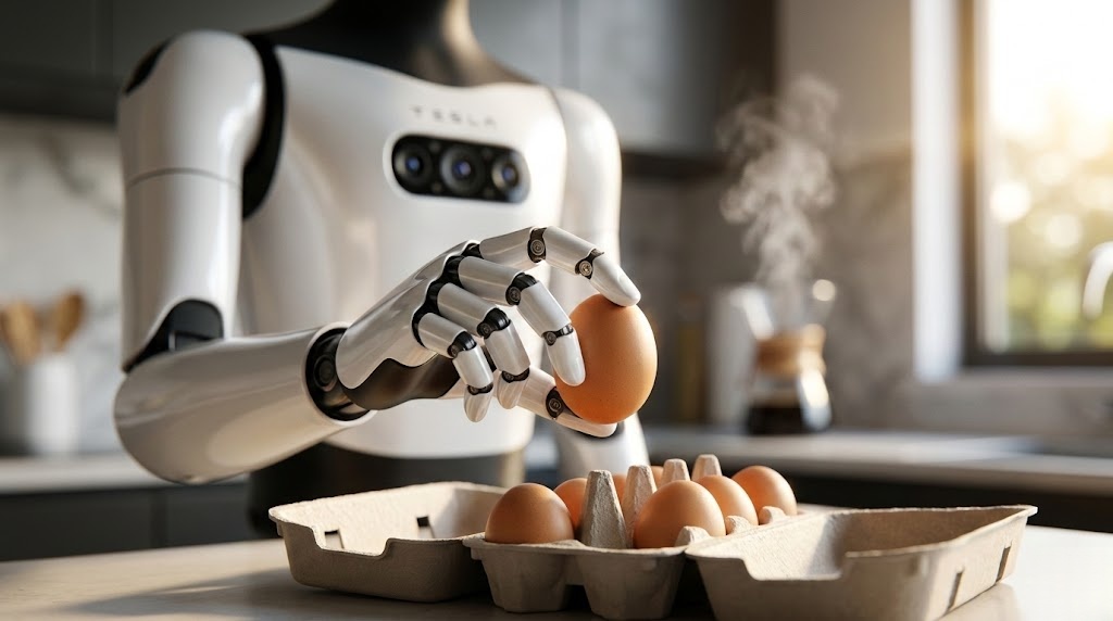 Tesla Optimus Gen 3 robot's articulated fingers are delicately picking up a single brown egg