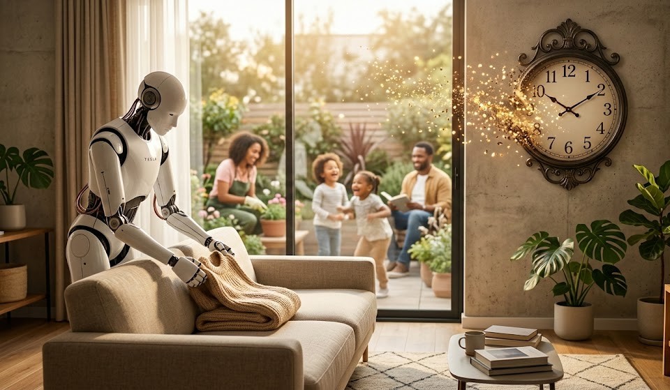 Tesla Optimus humanoid robot is gently folding a warm sweater 